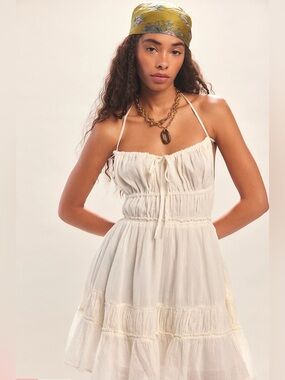 Free People Taking Sides Shirred Tiered Cotton Minidress Ivory